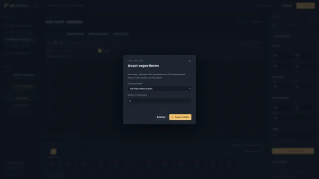 Pix Animator Export – PNG-Spritesheet mit JSON-Metadaten zu Ankern, Frame-Dauern und Animationen