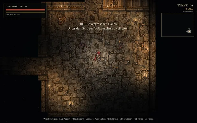 Ashenkeep Godot-Edition Tiefe 01 – Held im kerzenbeleuchteten Gewölbe mit Gegnern, Truhe, HUD und Minikarte
