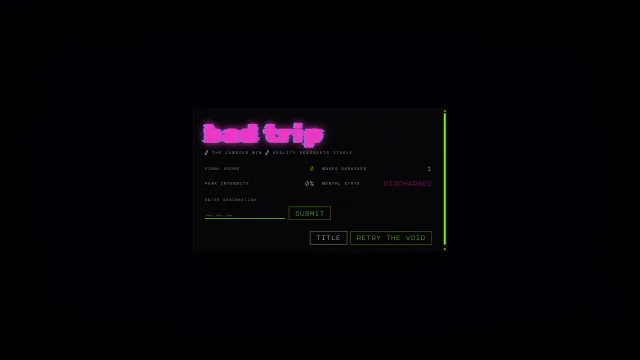 Nuclear Zombies in Space Game-Over-Bildschirm bad trip mit Endstand und Highscore-Eingabe