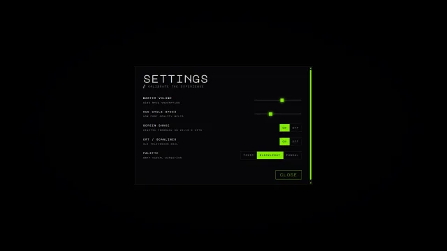 Nuclear Zombies in Space Einstellungen mit Lautstärke, Hue-Cycle, Screen-Shake, CRT und Paletten