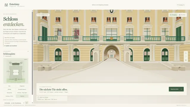 Esterhazy Rundgang-Einstieg – Schlossplatz vor dem Haupteingang mit Geschossauswahl und Ortsmenü
