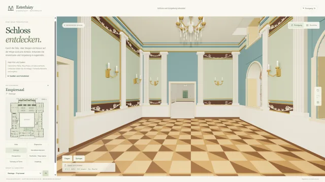 Esterhazy Empiresaal – Saal mit Säulen, Lüster und Parkettboden im begehbaren Rundgang