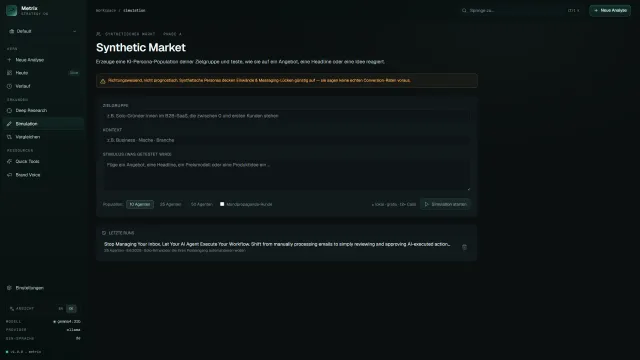 metrix Synthetic Market – Simulation gegen eine KI-Persona-Population